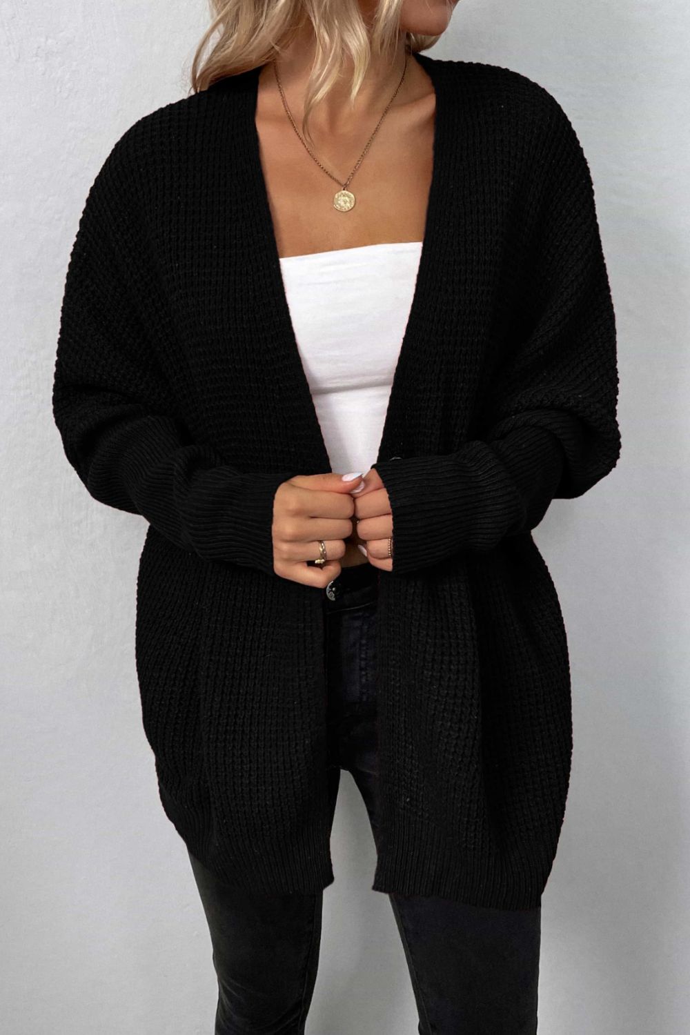Waffle Knit One-Button Dolman Sleeve Cardigan
