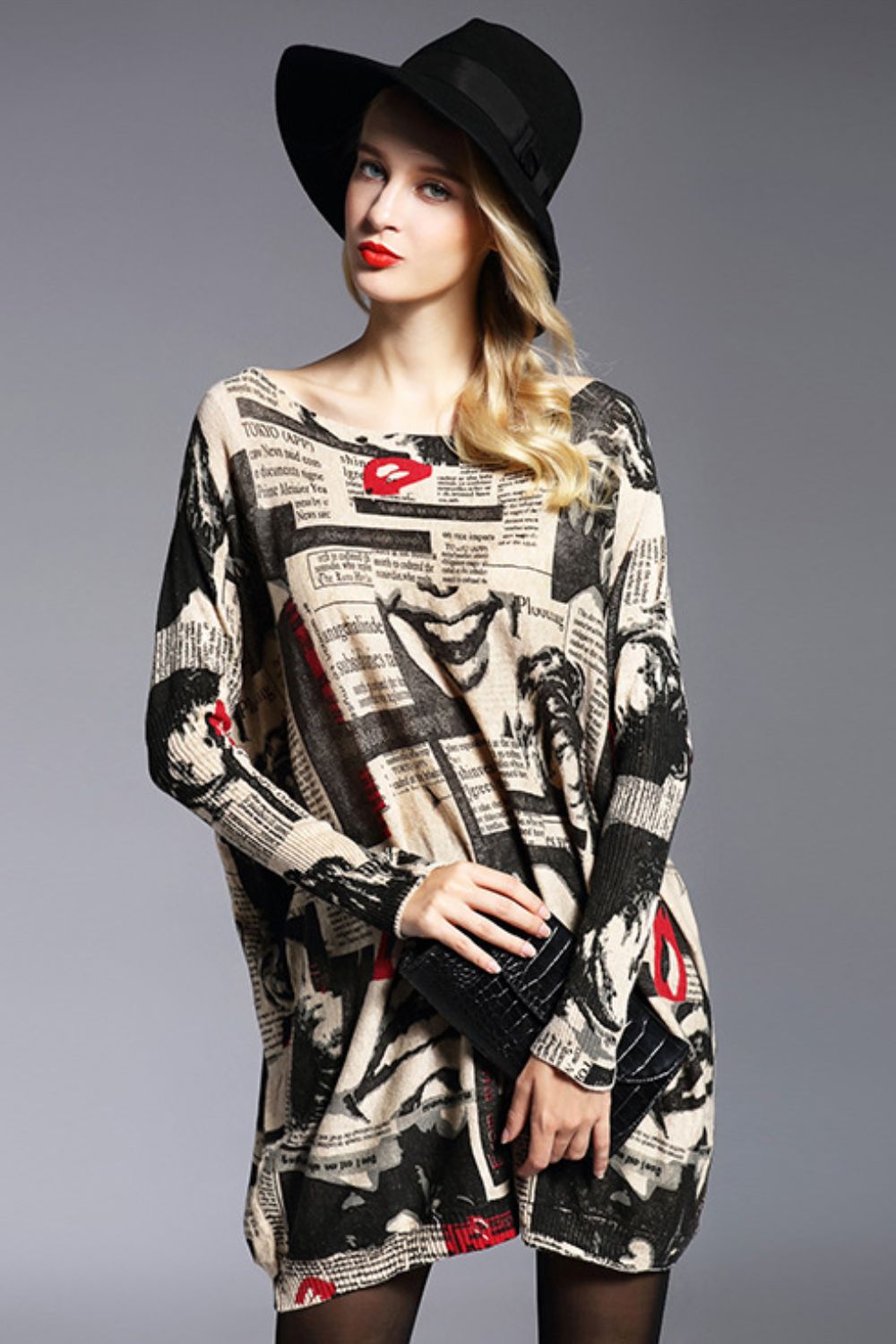 Newspaper Print Boat Neck Long Sleeve Sweater