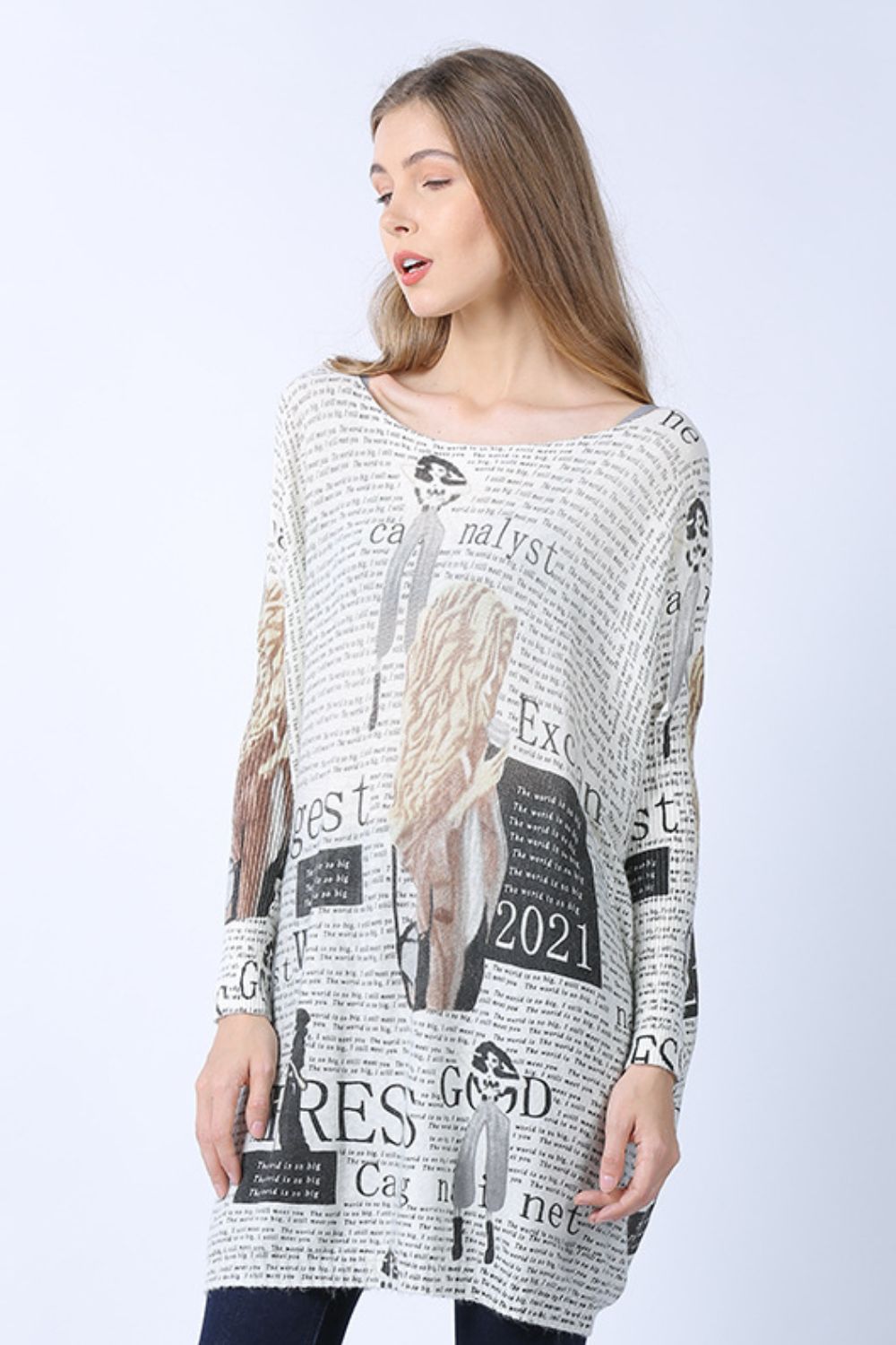 Newspaper Print Boat Neck Longline Knit Top