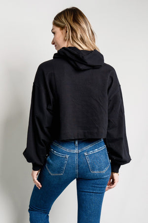 Zenana Full Size Balloon Sleeve Drawstring Detail Cropped Hoodie