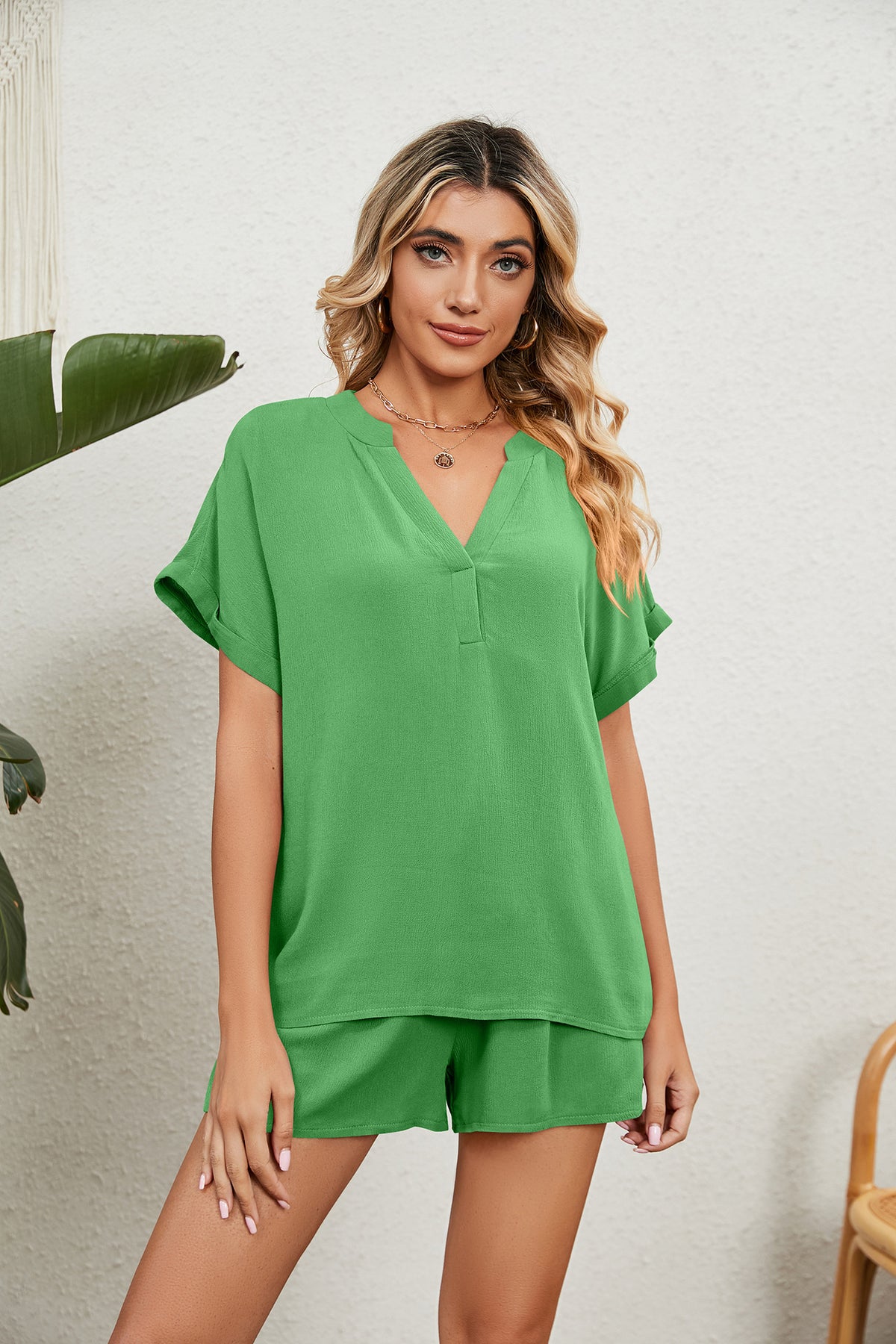Notched Neck Top and Paperbag Waist Shorts Lounge Set