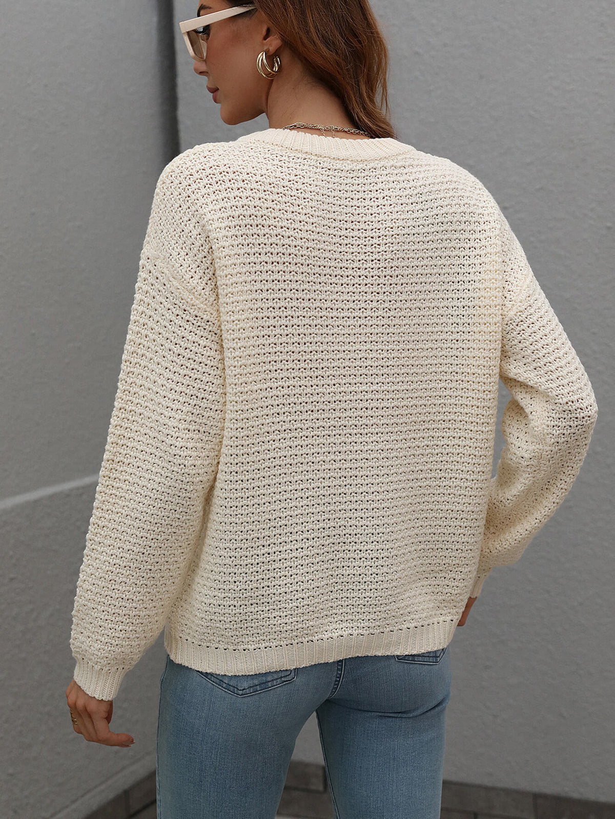Drop Shoulder Round Neck Ribbed Cuff Sweater