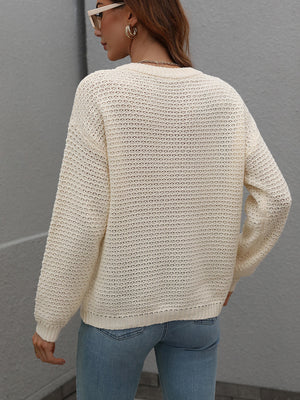 Drop Shoulder Round Neck Ribbed Cuff Sweater