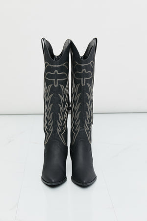 Qupid Cheyenne Nights Embroidered Knee High Cowboy Boots in Black