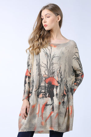 Don't Think Twice Printed Boat Neck Longline Knit Top