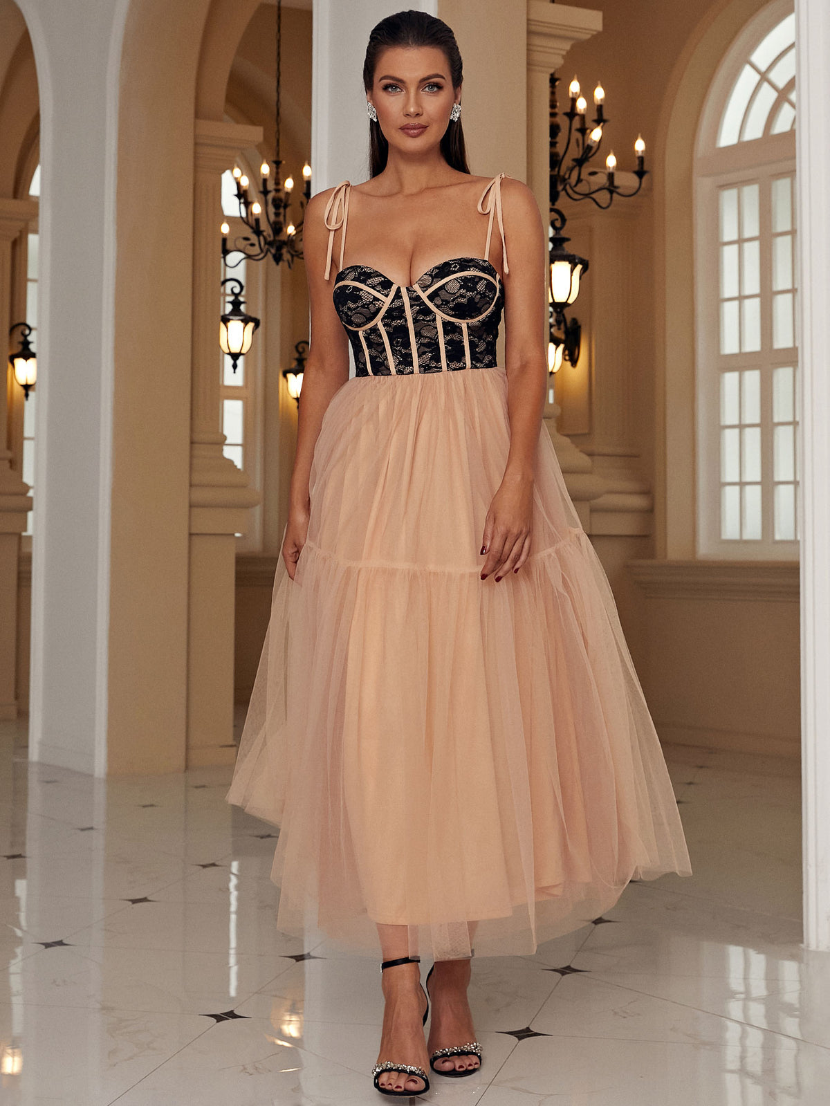 Two-Tone Tie-Shoulder Spliced Tulle Dress