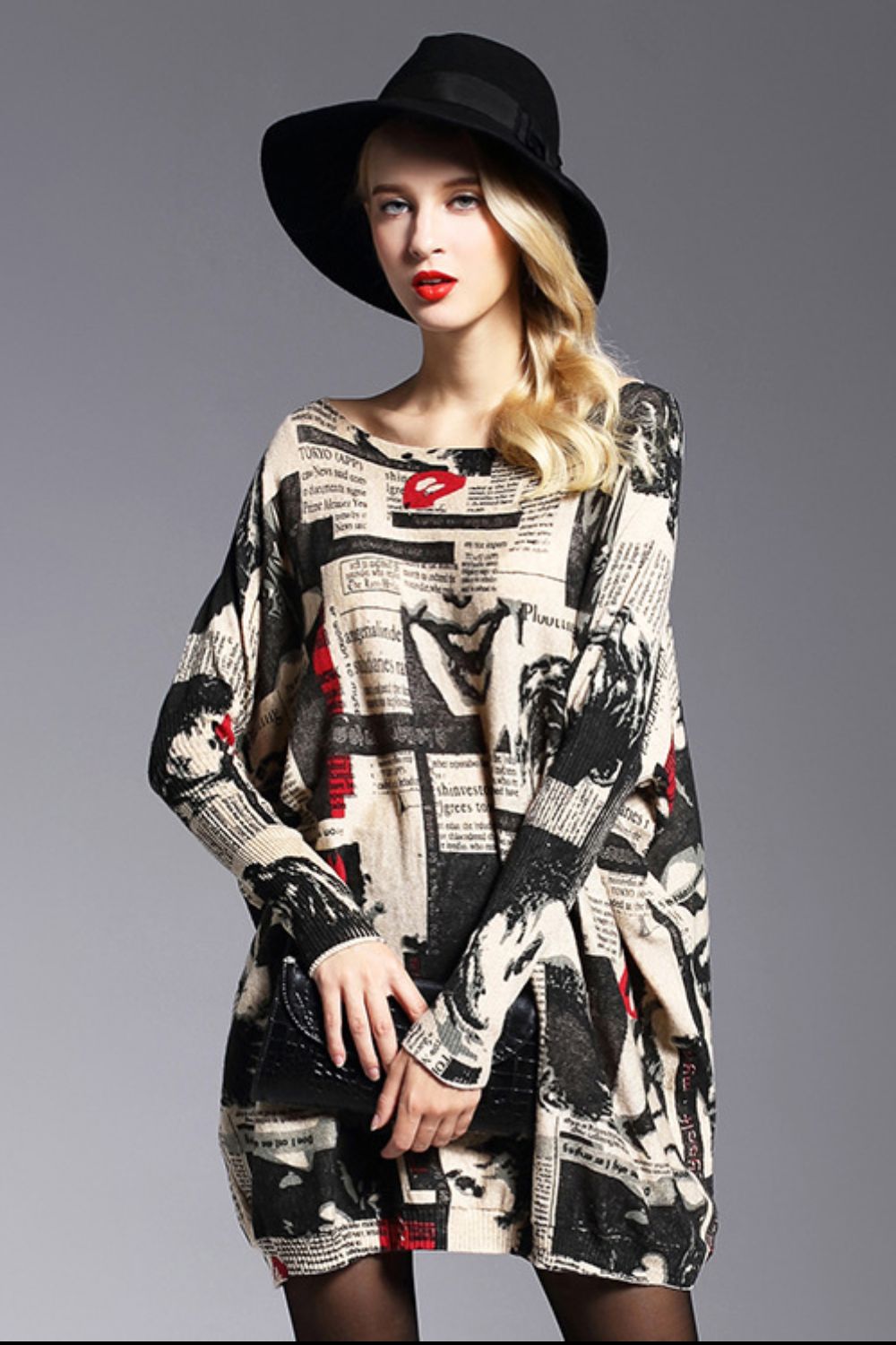 Newspaper Print Boat Neck Long Sleeve Sweater