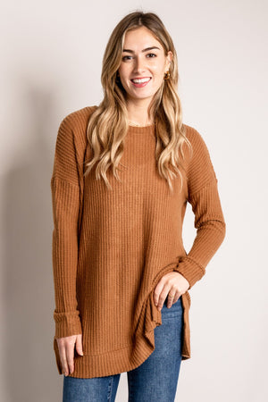 Zenana Full Size Round Neck Waffle-Knit Slit Tunic Sweater
