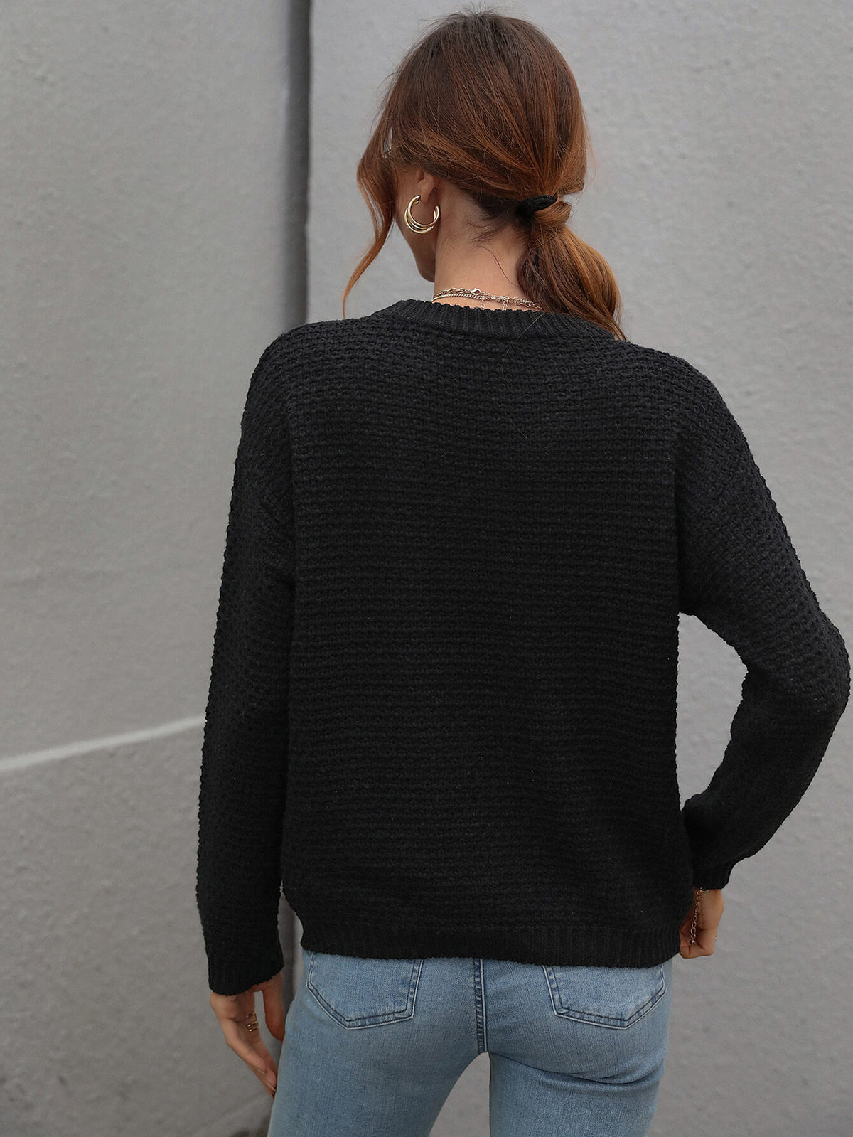 Drop Shoulder Round Neck Ribbed Cuff Sweater