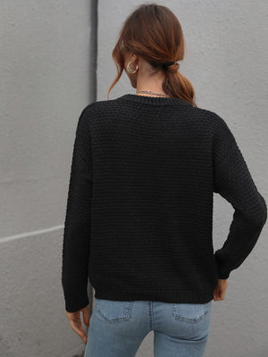 Drop Shoulder Round Neck Ribbed Cuff Sweater