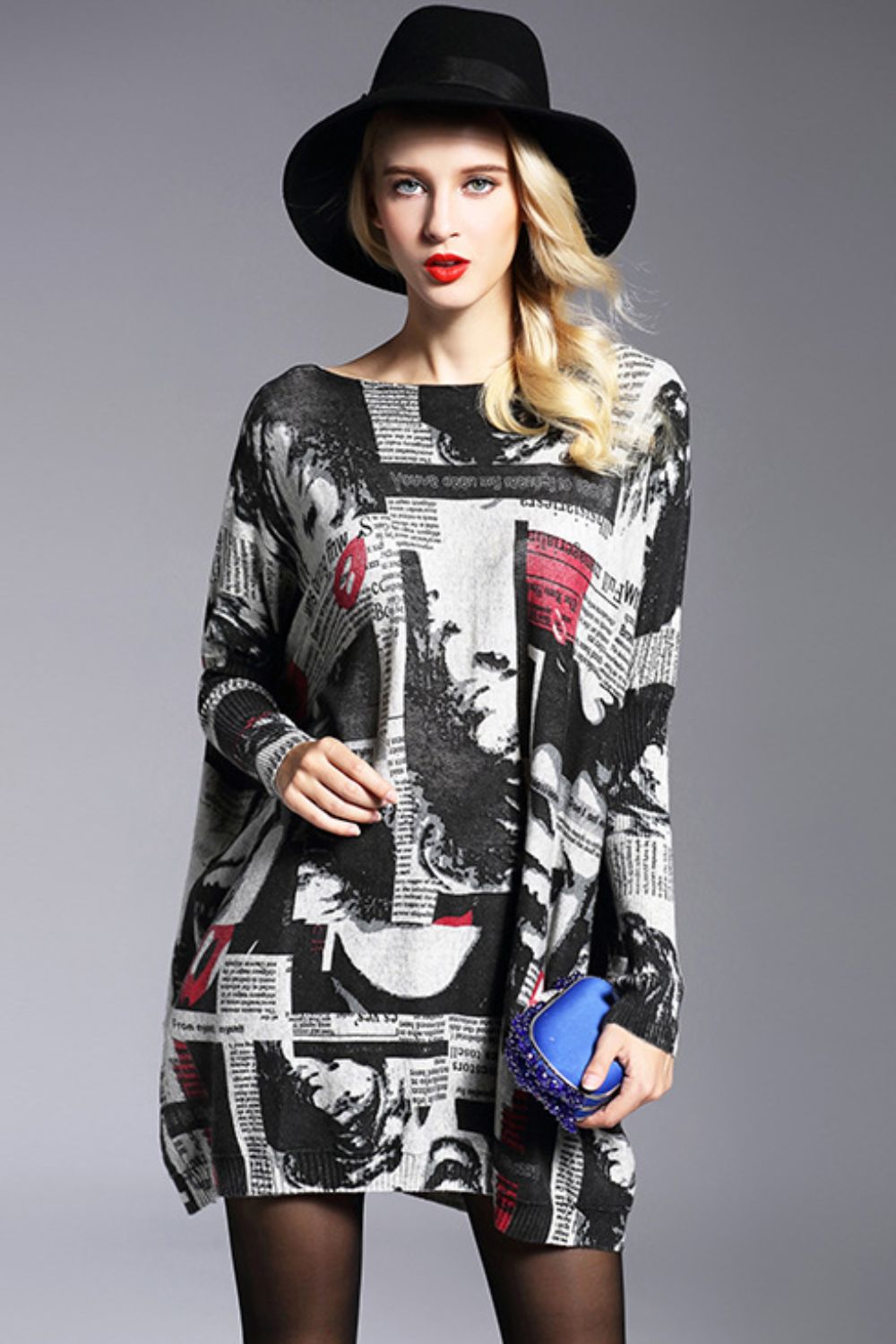 Newspaper Print Boat Neck Long Sleeve Sweater