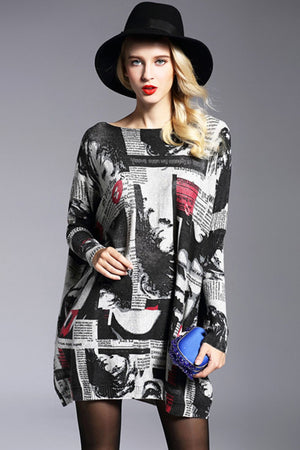 Newspaper Print Boat Neck Long Sleeve Sweater