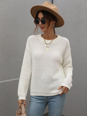 Drop Shoulder Round Neck Ribbed Cuff Sweater