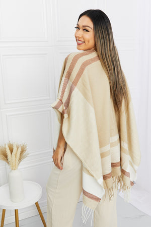Leto Striped Fringe Detail Open Front Poncho