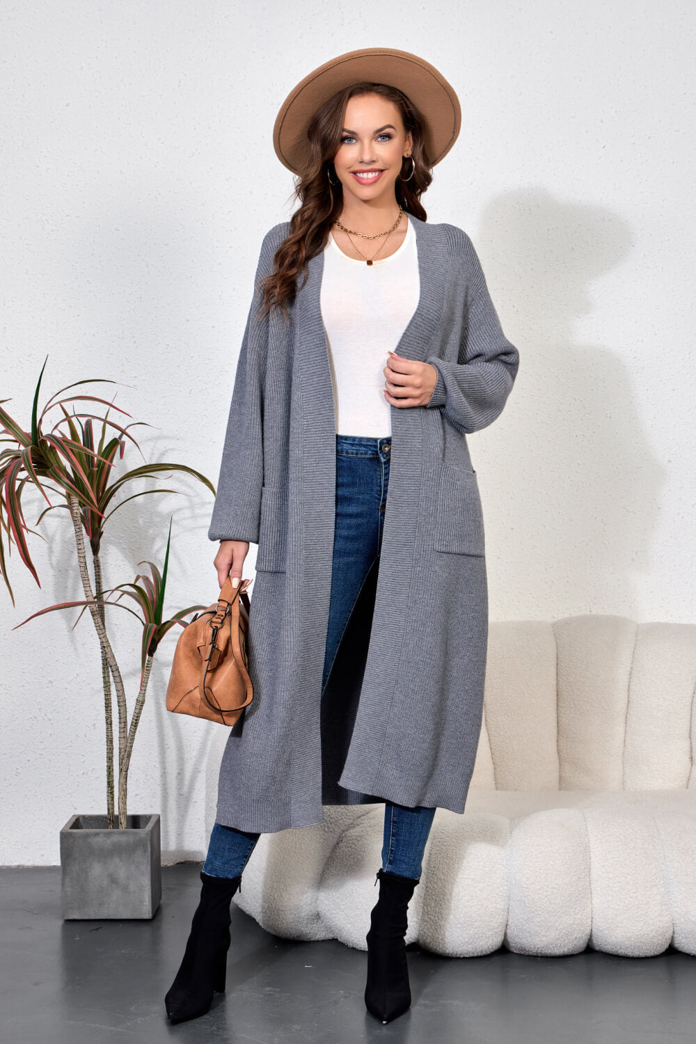 Open Front Duster Cardigan with Double Pockets