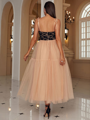 Two-Tone Tie-Shoulder Spliced Tulle Dress