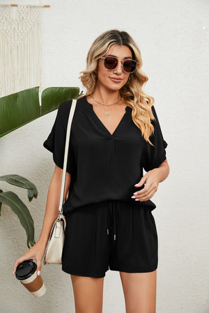Notched Neck Top and Paperbag Waist Shorts Lounge Set