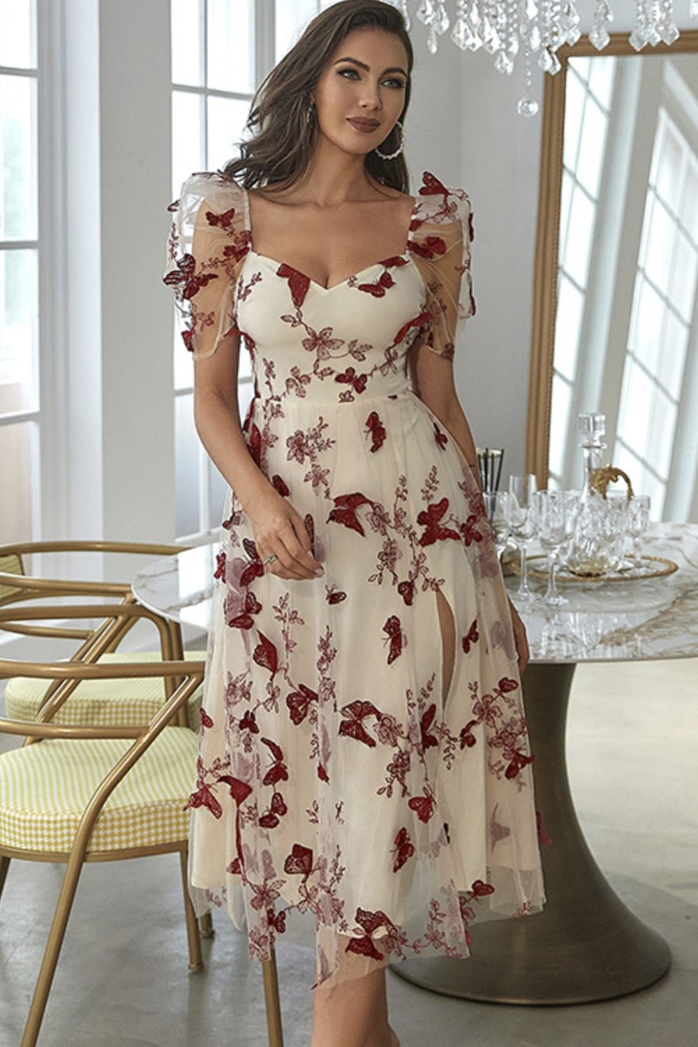 Butterfly Embroidery Puff Sleeve Midi Dress