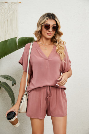 Notched Neck Top and Paperbag Waist Shorts Lounge Set
