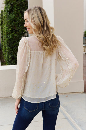 Mine and E&M Glitter Frill Trim Tie Neck Blouse