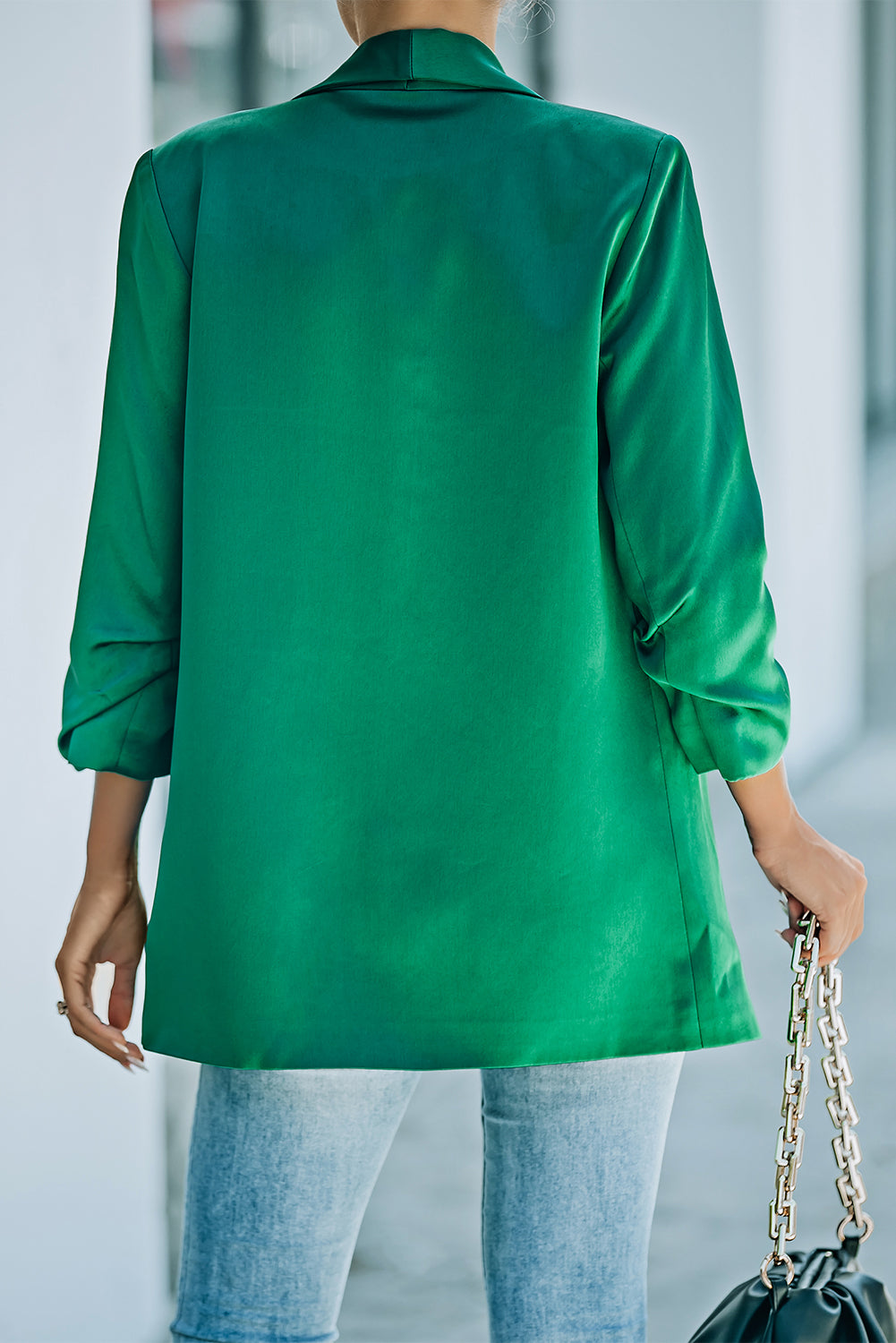 One-Button Gathered Sleeve Shawl Collar Blazer