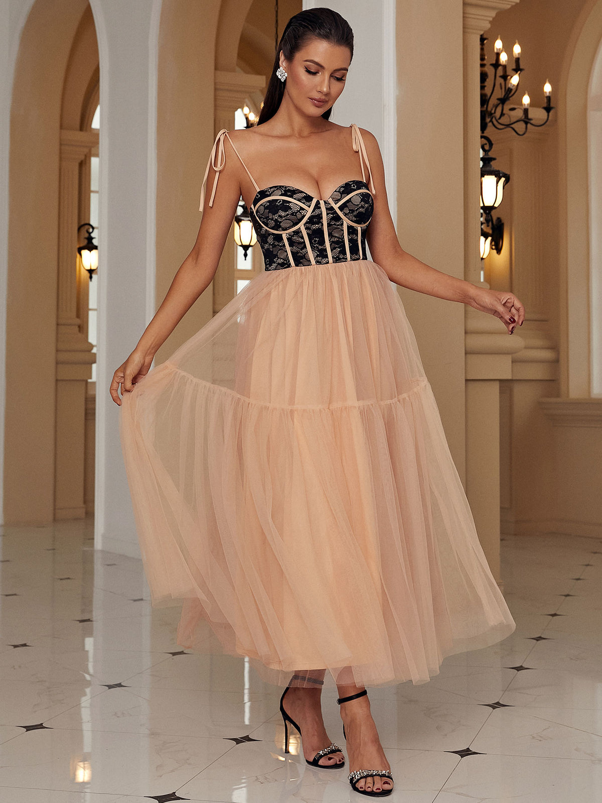 Two-Tone Tie-Shoulder Spliced Tulle Dress