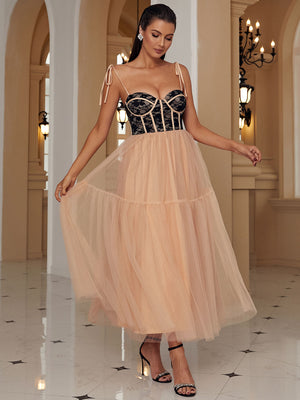 Two-Tone Tie-Shoulder Spliced Tulle Dress