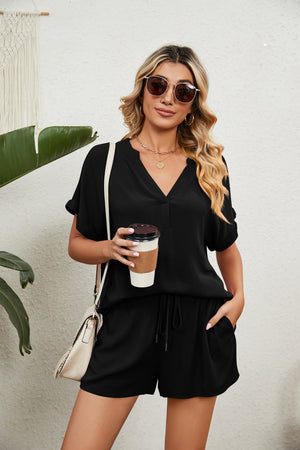 Notched Neck Top and Paperbag Waist Shorts Lounge Set